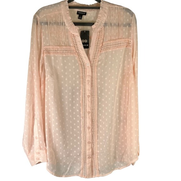 Torrid Women's Blouse Size 1 Pink Swiss Dot Sheer Long Sleeve Crochet Detail New - Picture 1 of 15